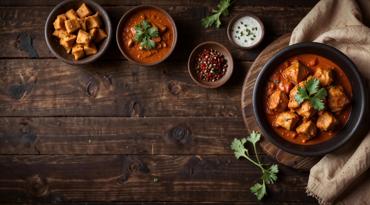A bowl of creamy chicken tikka masala with spices and other ingredients on table