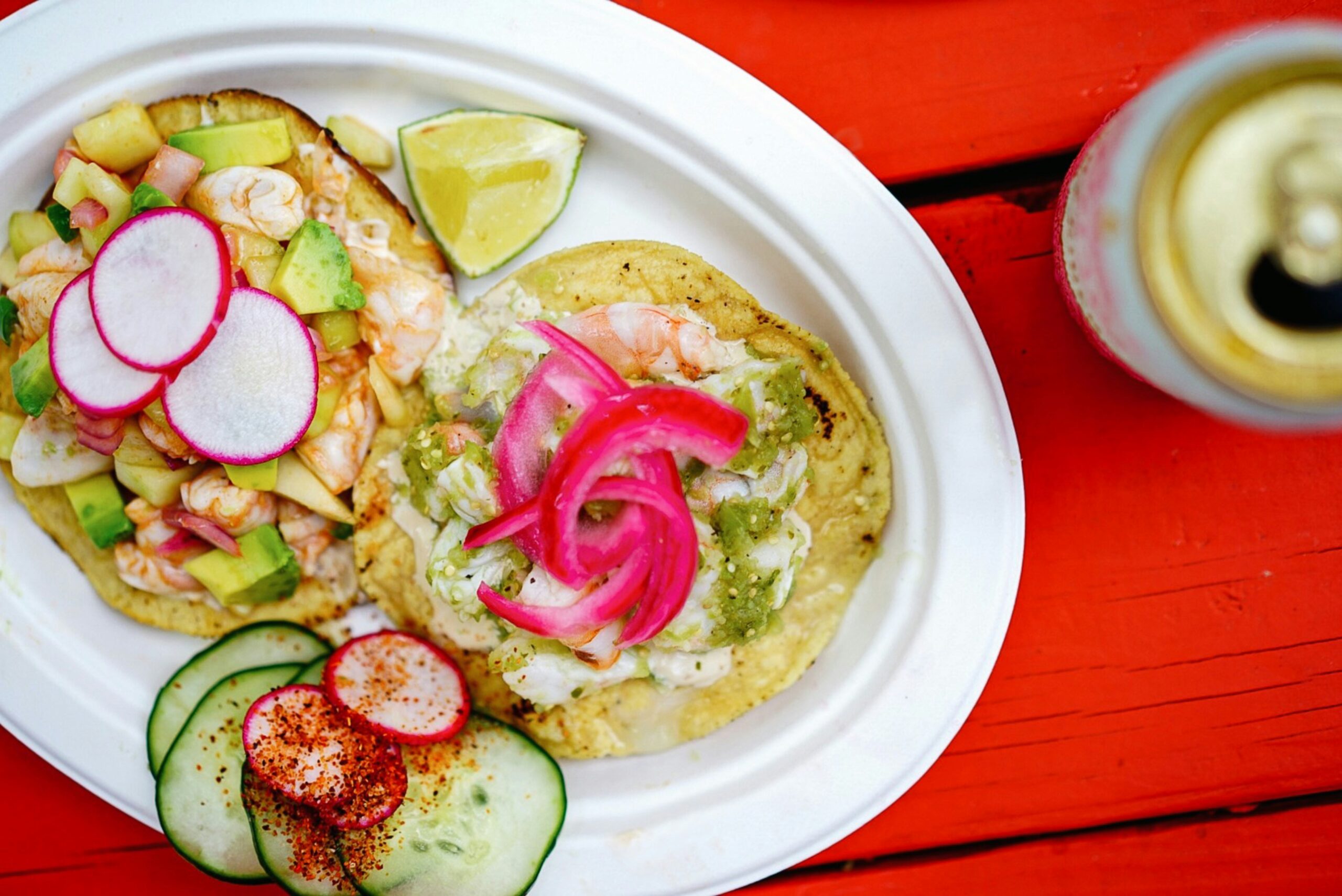 Image shows off a plate of Shrimp Aguachile and Ceviche for an article on beer pairing