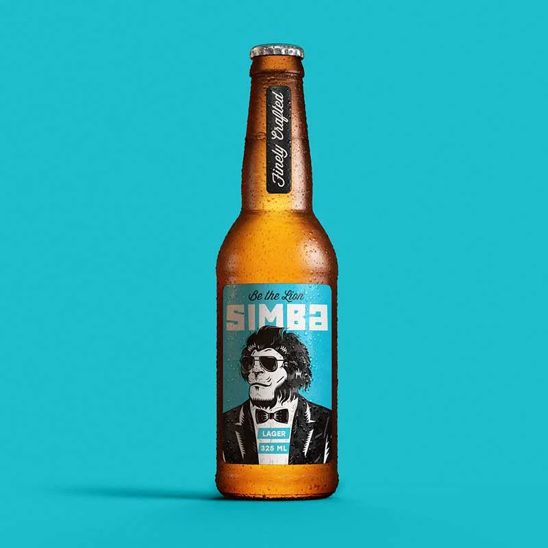 An ocean blue background showing off India's Simba Beer lager