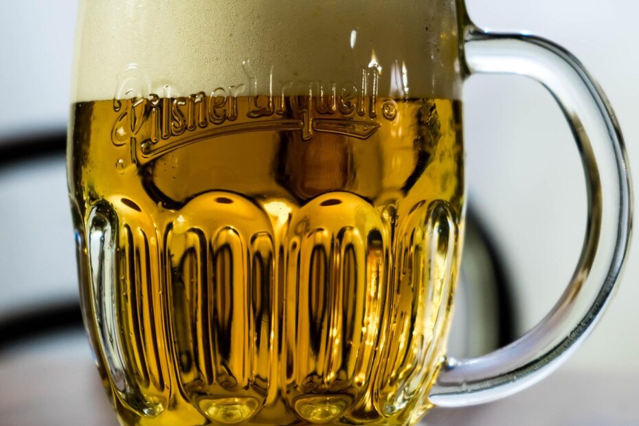 Golden pilsner served in a clear glass mug — crisp, clean craft beer style