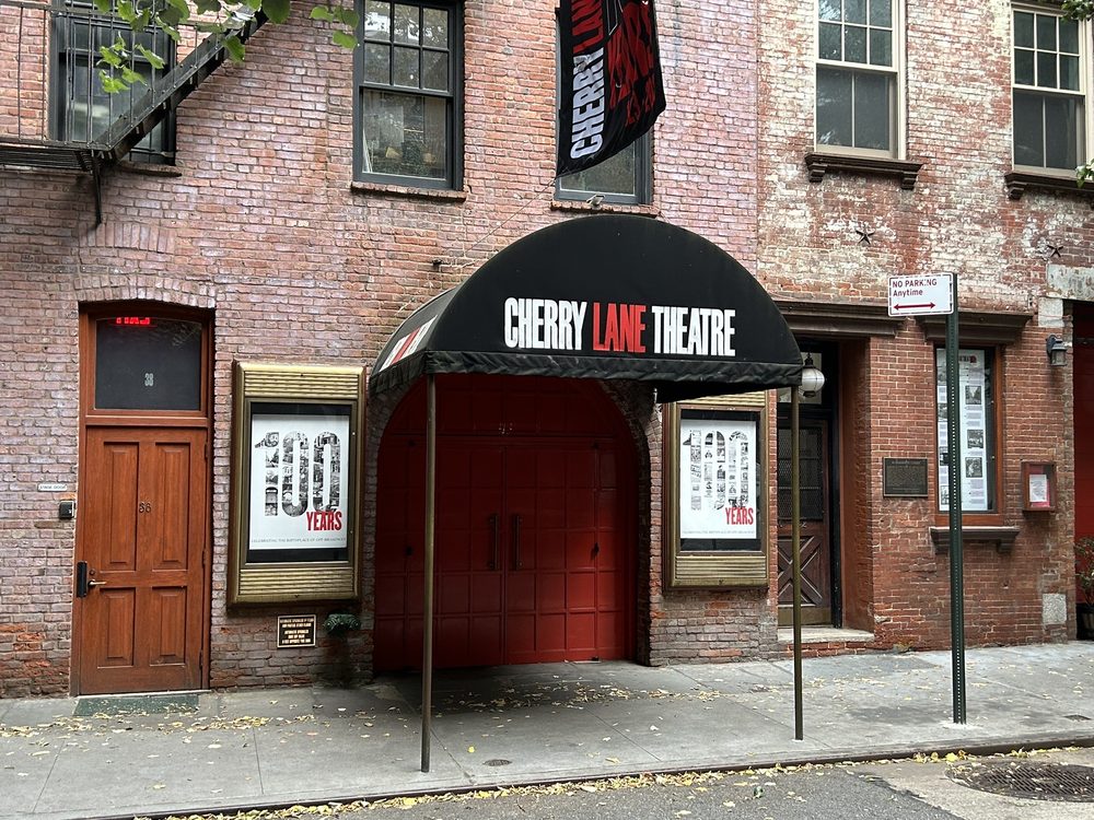 outside of a theatre in new york city west village with cobble stone streets and brick facade
