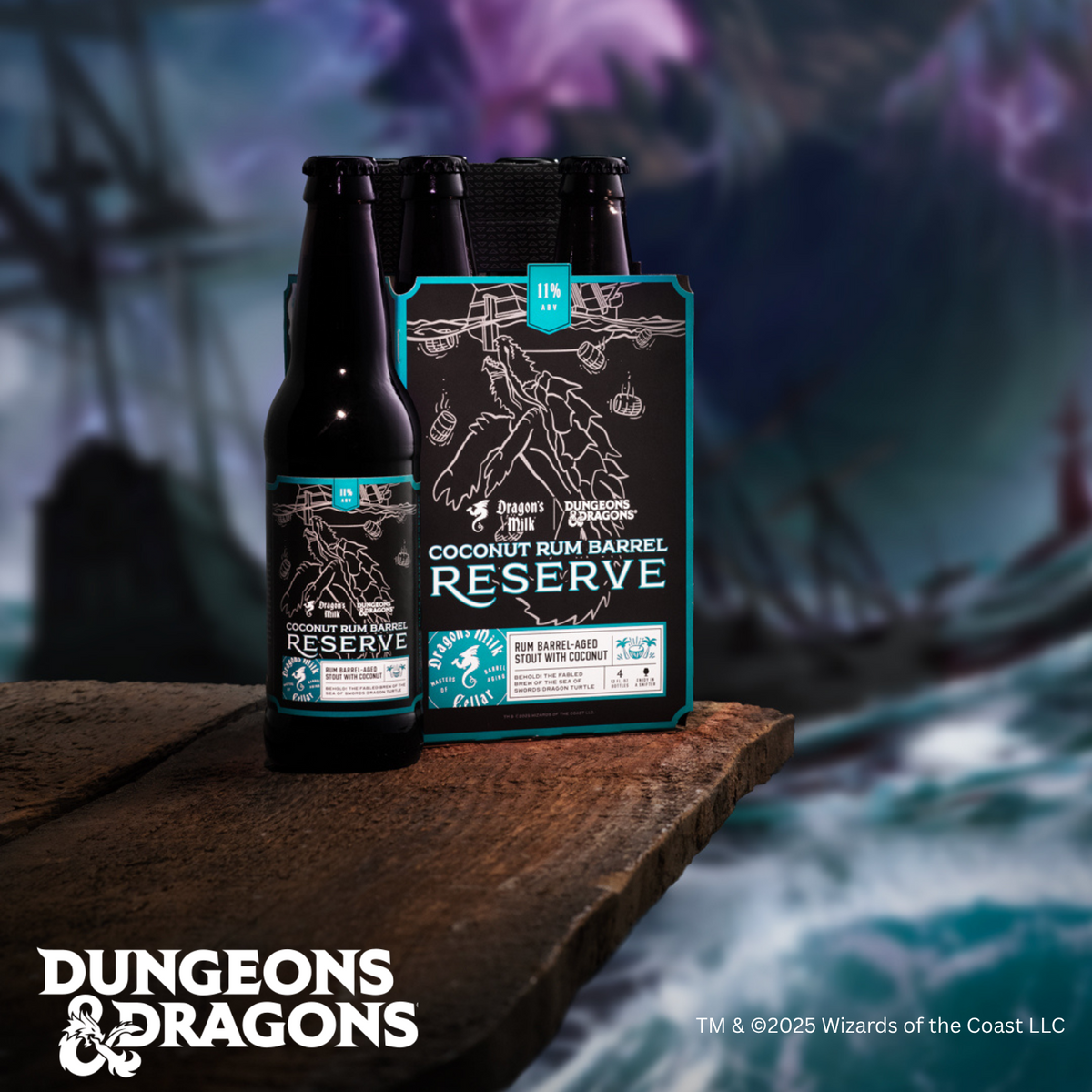 bottles of dark beer and alcohol with dragons on them set on a raging sea