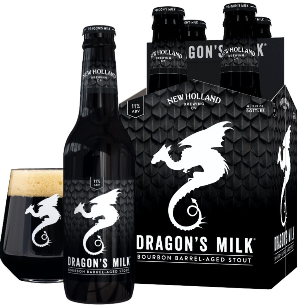 bottles of beer that are dark black with a white dragon on the label, a dark stout beer in a glass
