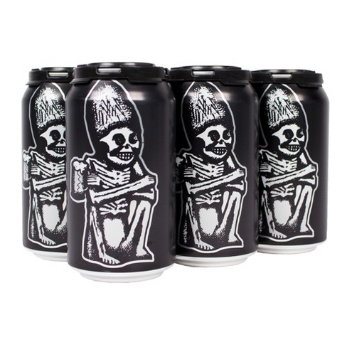 image of a can of craft beer with skeletons all over it with a black background