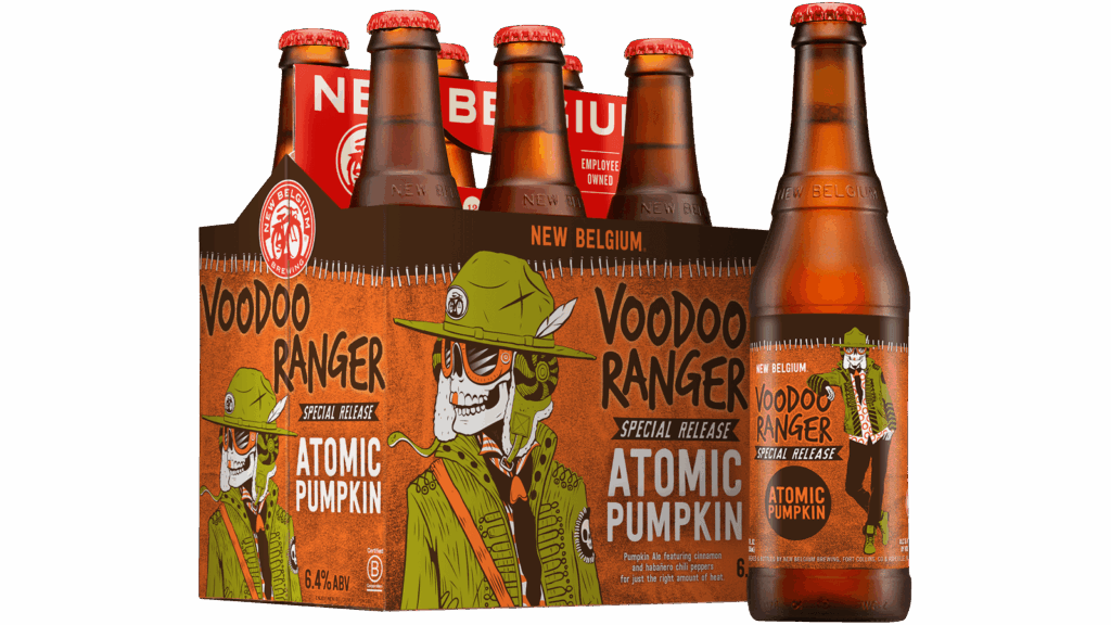 Shows off a 6-pack of pumpkin beer in a bright orange color